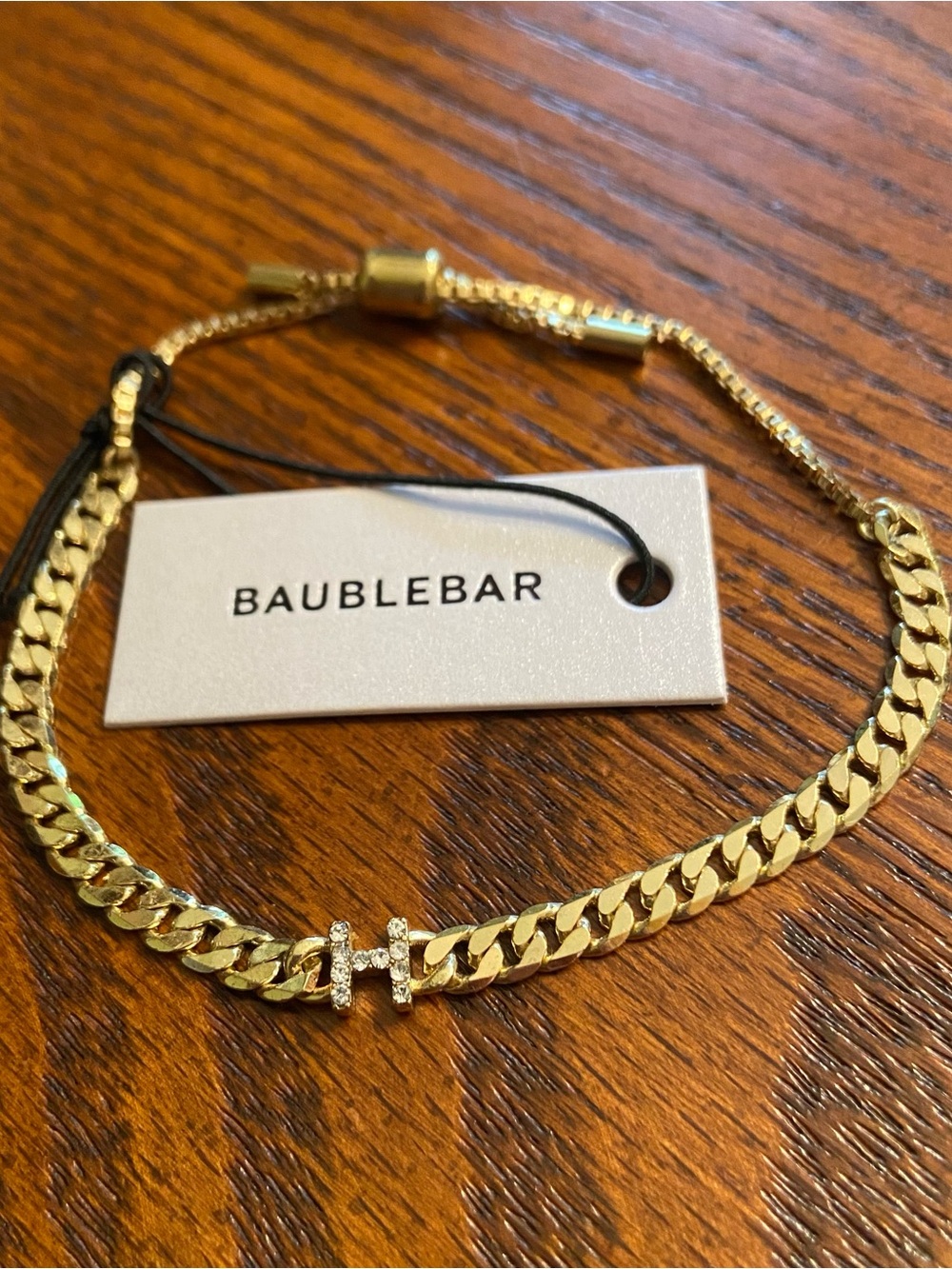 BaubleBar Gold Tone Chain Bracelet with Sparkling H Initial Adjustable NWT